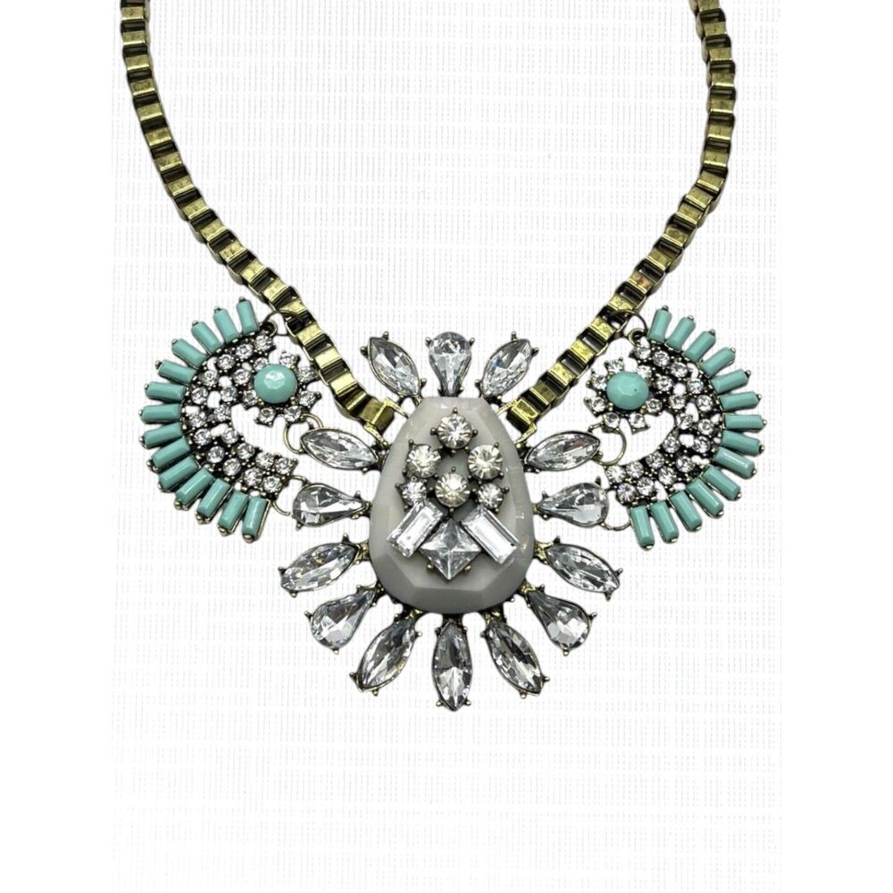 Antiqued Gold Tone Statement Necklace Chunky Rhinestone Bib Runway Retro Jewelry